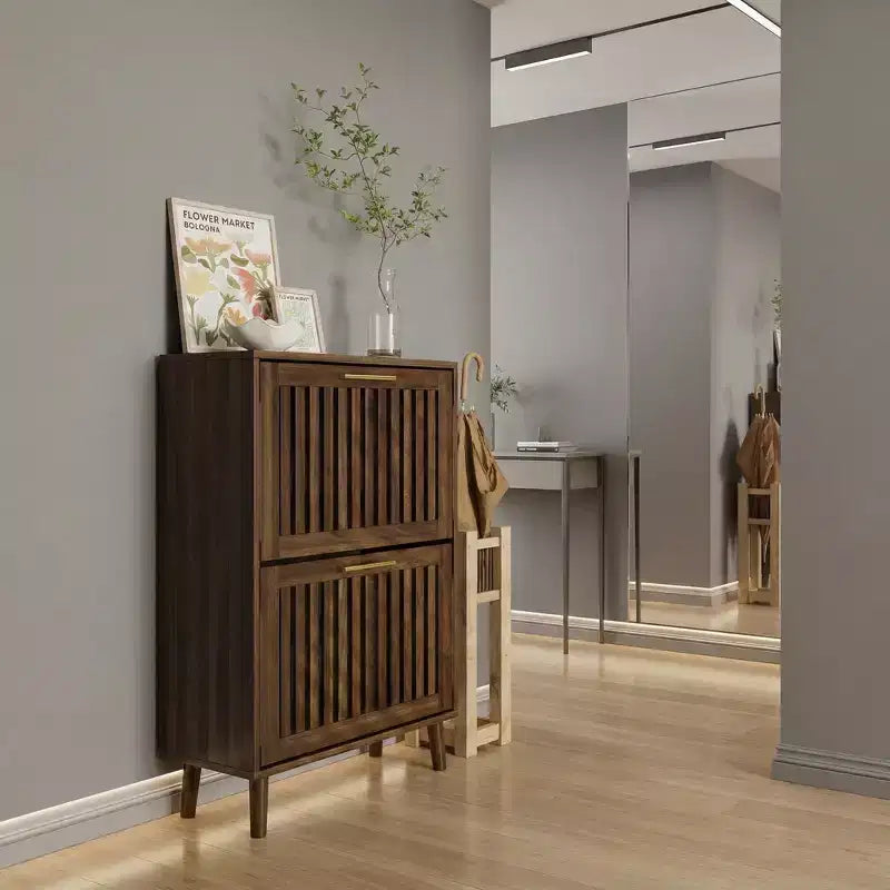 Meuble à chaussures Noyer 60 cm, Rangement d'entrée moderne avec 2 tiroirs basculants, Design clôture, pour Couloir et Corridor