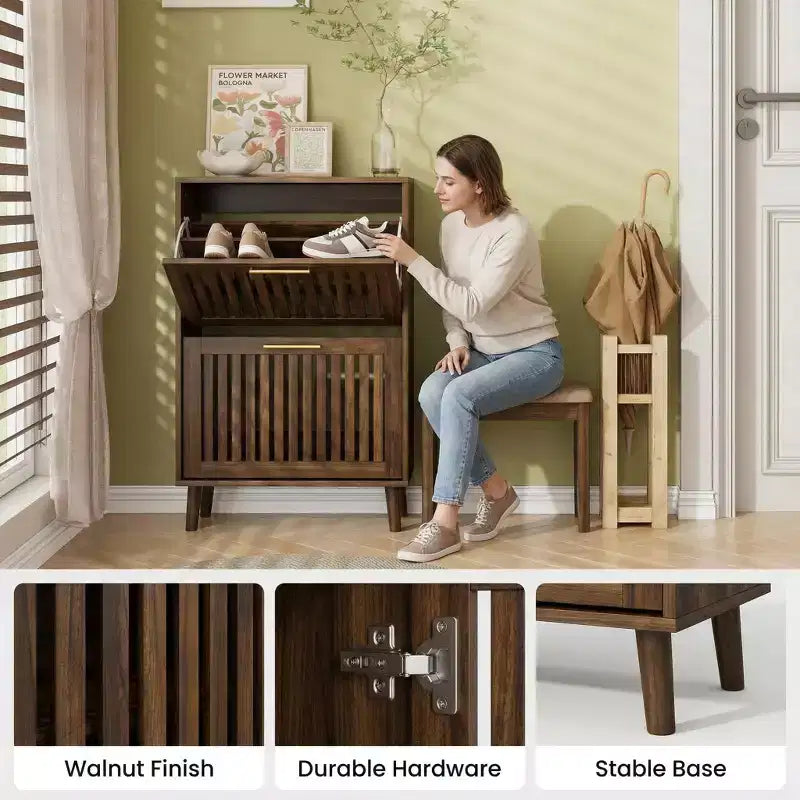Meuble à chaussures Noyer 60 cm, Rangement d'entrée moderne avec 2 tiroirs basculants, Design clôture, pour Couloir et Corridor