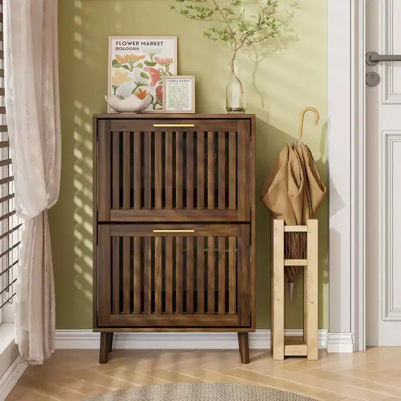 Meuble à chaussures Noyer 60 cm, Rangement d'entrée moderne avec 2 tiroirs basculants, Design clôture, pour Couloir et Corridor