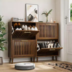 Meuble à chaussures Noyer 60 cm, Rangement d'entrée moderne avec 2 tiroirs basculants, Design clôture, pour Couloir et Corridor