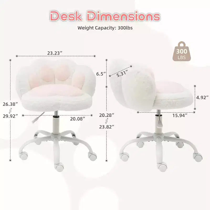 Chaise de vanité avec dossier patte de chat, petite chaise de bureau sans accoudoirs à roulettes, chaise d'ordinateur pivotante à 360° en tissu Teddy, hauteur réglable pour bureau à domicile