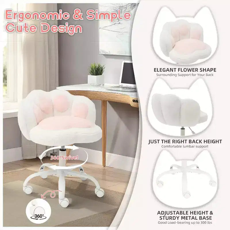 Chaise de vanité avec dossier patte de chat, petite chaise de bureau sans accoudoirs à roulettes, chaise d'ordinateur pivotante à 360° en tissu Teddy, hauteur réglable pour bureau à domicile