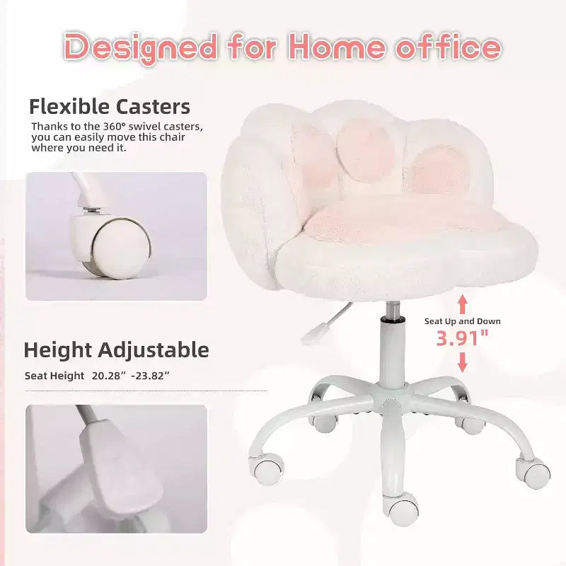 Chaise de vanité avec dossier patte de chat, petite chaise de bureau sans accoudoirs à roulettes, chaise d'ordinateur pivotante à 360° en tissu Teddy, hauteur réglable pour bureau à domicile
