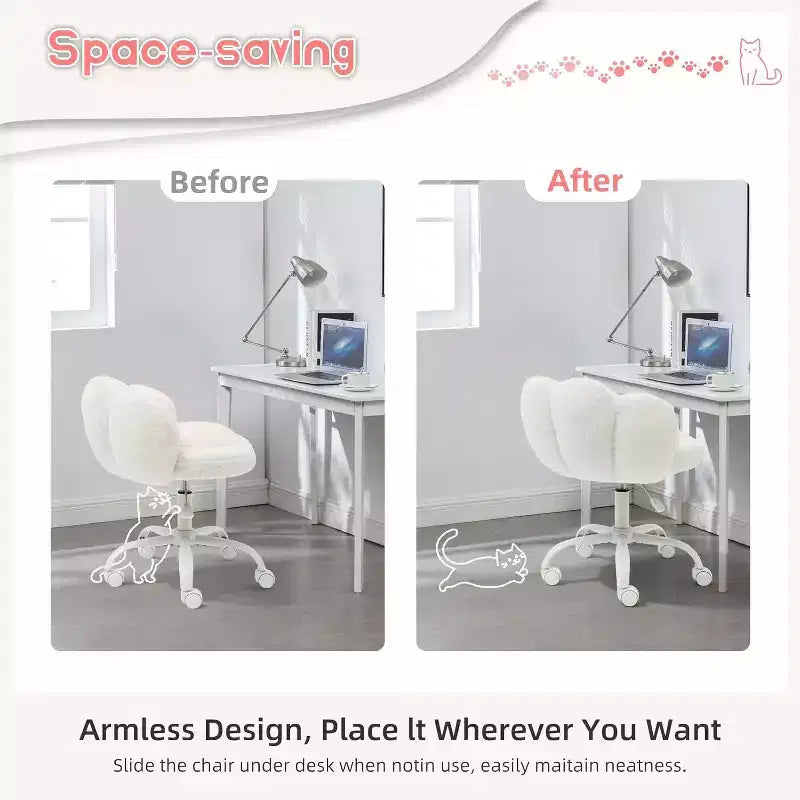 Chaise de vanité avec dossier patte de chat, petite chaise de bureau sans accoudoirs à roulettes, chaise d'ordinateur pivotante à 360° en tissu Teddy, hauteur réglable pour bureau à domicile