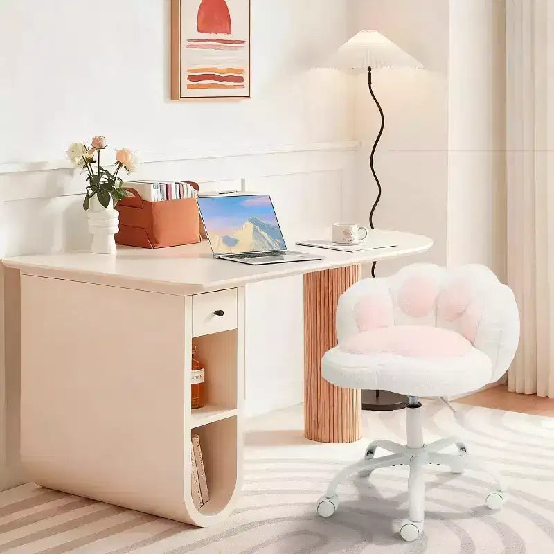 Chaise de vanité avec dossier patte de chat, petite chaise de bureau sans accoudoirs à roulettes, chaise d'ordinateur pivotante à 360° en tissu Teddy, hauteur réglable pour bureau à domicile