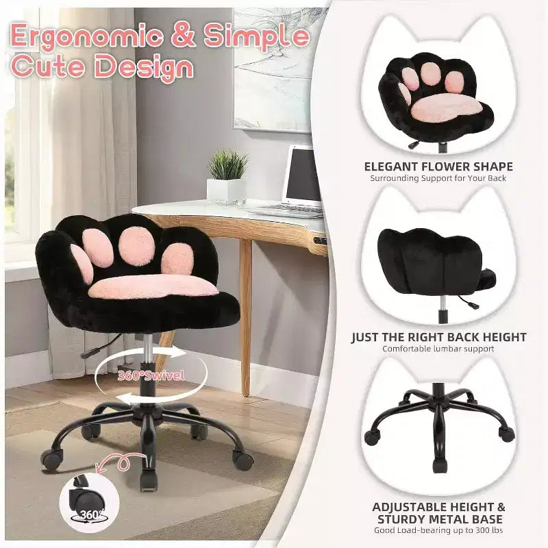 Chaise de vanité avec dossier patte de chat, petite chaise de bureau sans accoudoirs à roulettes, chaise d'ordinateur pivotante à 360° en tissu Teddy, hauteur réglable pour bureau à domicile