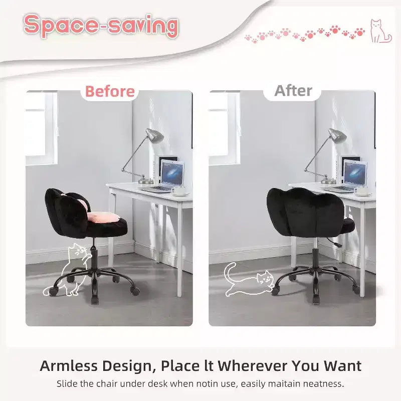 Chaise de vanité avec dossier patte de chat, petite chaise de bureau sans accoudoirs à roulettes, chaise d'ordinateur pivotante à 360° en tissu Teddy, hauteur réglable pour bureau à domicile