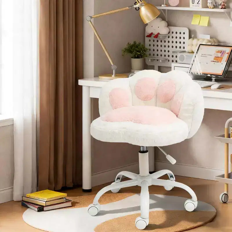 Chaise de vanité avec dossier patte de chat, petite chaise de bureau sans accoudoirs à roulettes, chaise d'ordinateur pivotante à 360° en tissu Teddy, hauteur réglable pour bureau à domicile