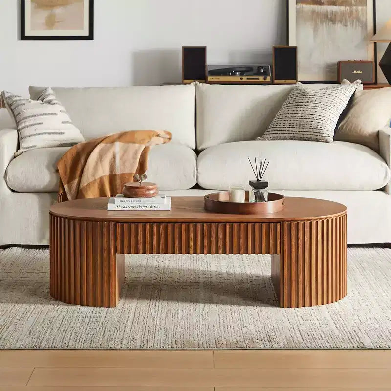 Table basse à piédestal ovale en bois moderne Manuel avec tiroir et relief fait main