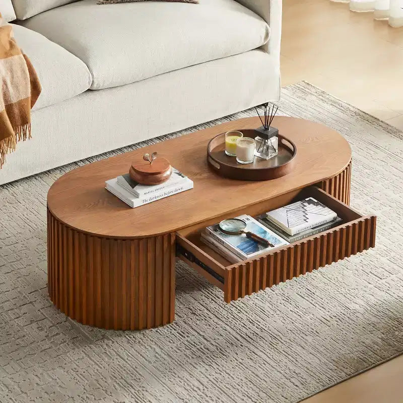 Table basse à piédestal ovale en bois moderne Manuel avec tiroir et relief fait main