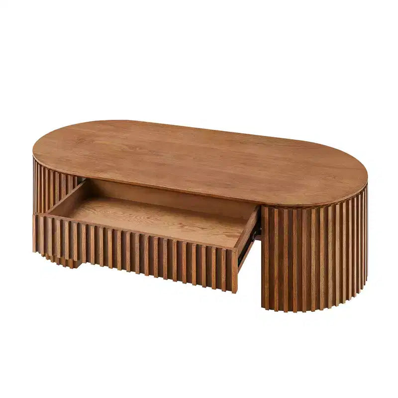 Table basse à piédestal ovale en bois moderne Manuel avec tiroir et relief fait main