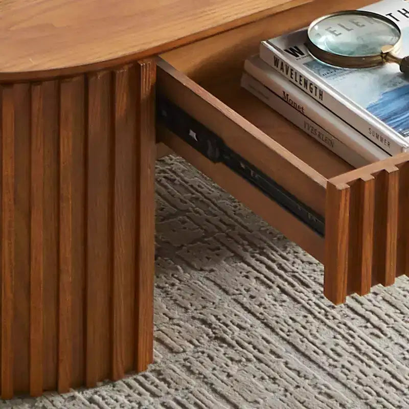 Table basse à piédestal ovale en bois moderne Manuel avec tiroir et relief fait main