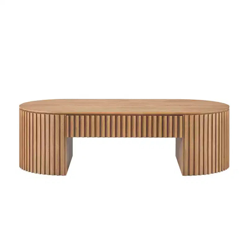 Table basse à piédestal ovale en bois moderne Manuel avec tiroir et relief fait main