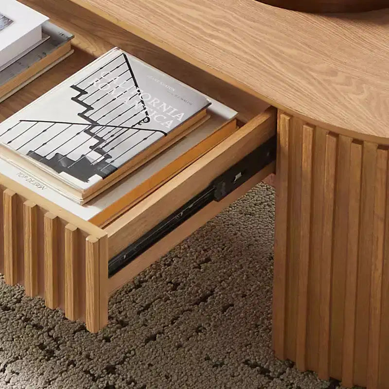Table basse à piédestal ovale en bois moderne Manuel avec tiroir et relief fait main