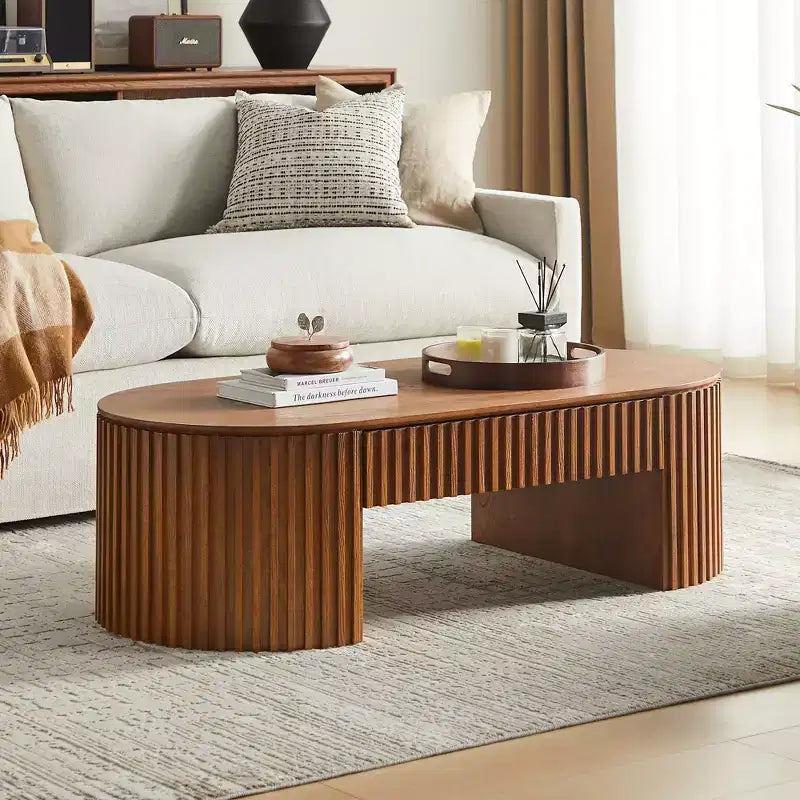 Table basse à piédestal ovale en bois moderne Manuel avec tiroir et relief fait main