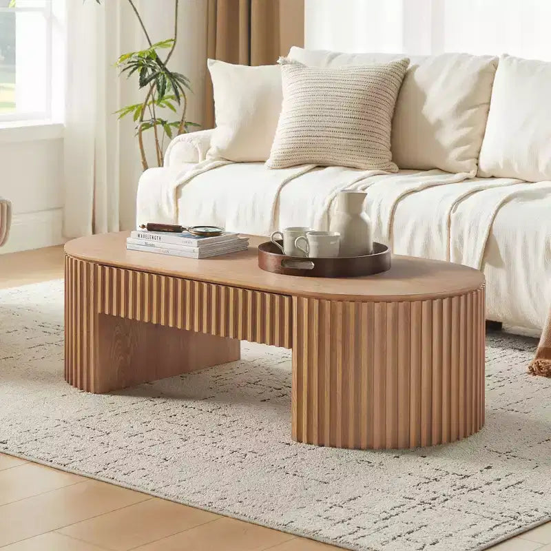 Table basse à piédestal ovale en bois moderne Manuel avec tiroir et relief fait main