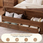 Lit Queen en pin de style campagnard Leonard avec banc de rangement et 2 grands tiroirs
