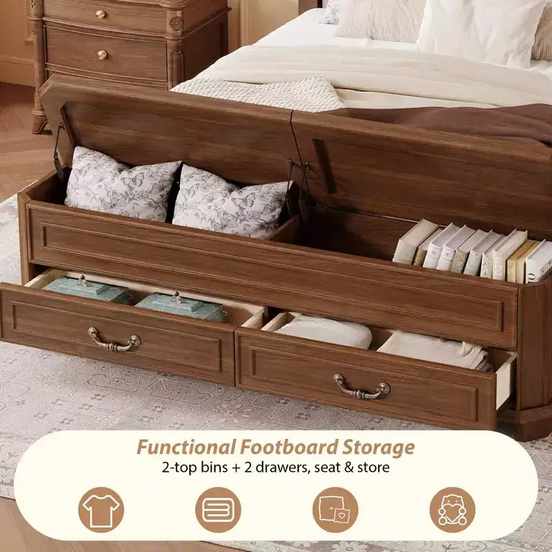 Lit Queen en pin de style campagnard Leonard avec banc de rangement et 2 grands tiroirs