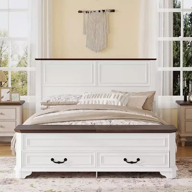 Lit Queen en pin de style campagnard Leonard avec banc de rangement et 2 grands tiroirs