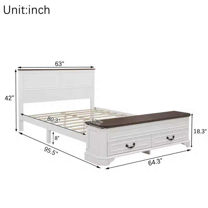 Lit Queen en pin de style campagnard Leonard avec banc de rangement et 2 grands tiroirs