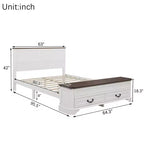 Lit Queen en pin de style campagnard Leonard avec banc de rangement et 2 grands tiroirs