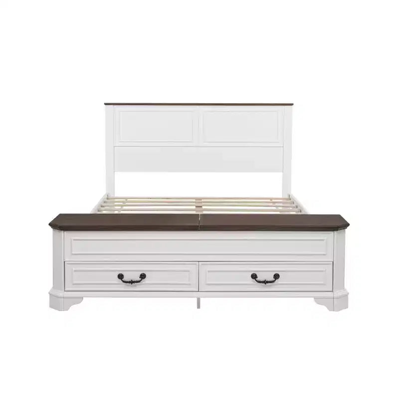 Lit Queen en pin de style campagnard Leonard avec banc de rangement et 2 grands tiroirs