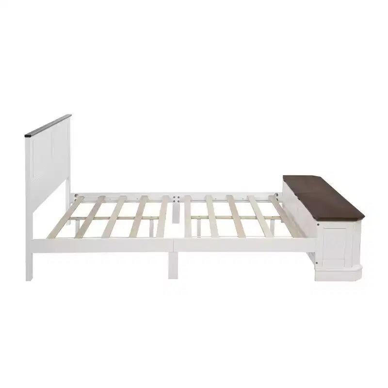 Lit Queen en pin de style campagnard Leonard avec banc de rangement et 2 grands tiroirs