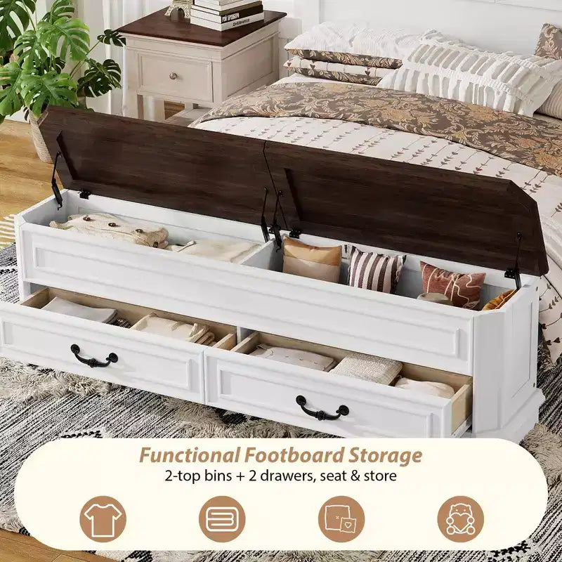 Lit Queen en pin de style campagnard Leonard avec banc de rangement et 2 grands tiroirs