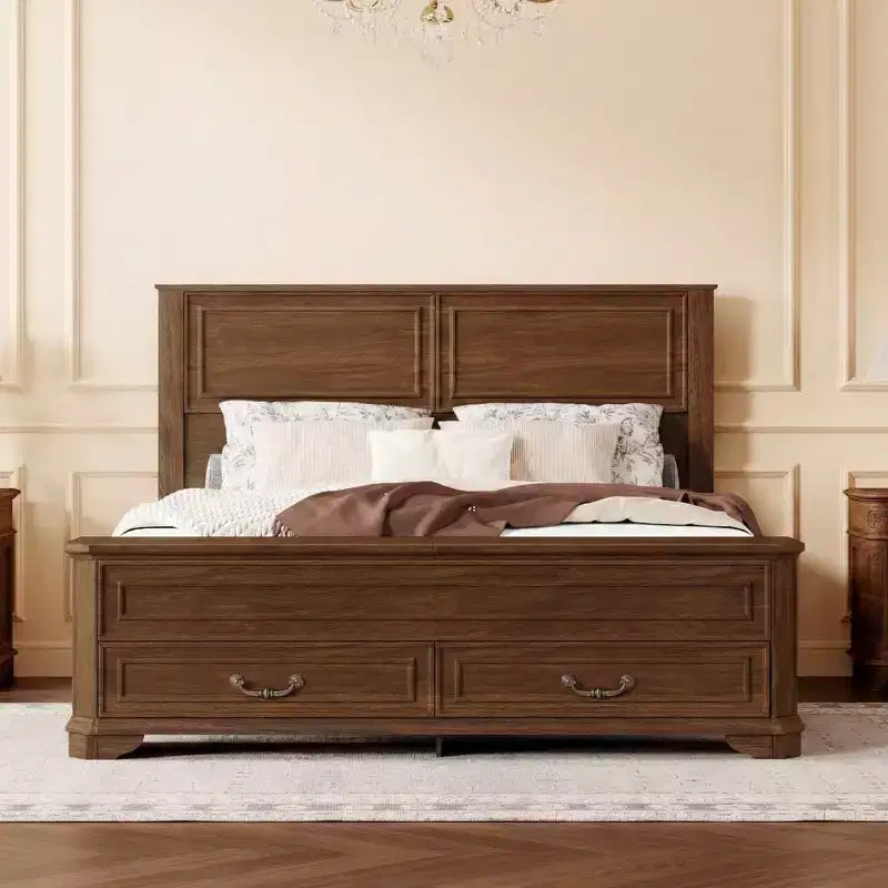 Lit Queen en pin de style campagnard Leonard avec banc de rangement et 2 grands tiroirs