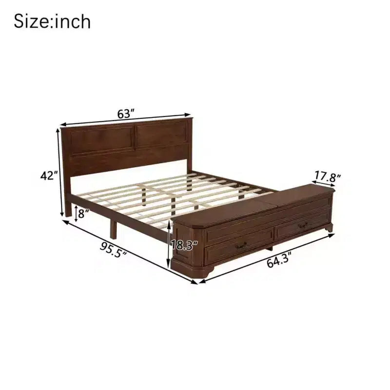Lit Queen en pin de style campagnard Leonard avec banc de rangement et 2 grands tiroirs