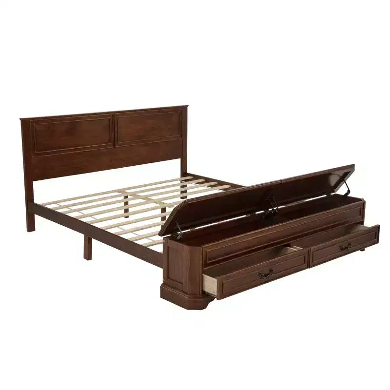 Lit Queen en pin de style campagnard Leonard avec banc de rangement et 2 grands tiroirs