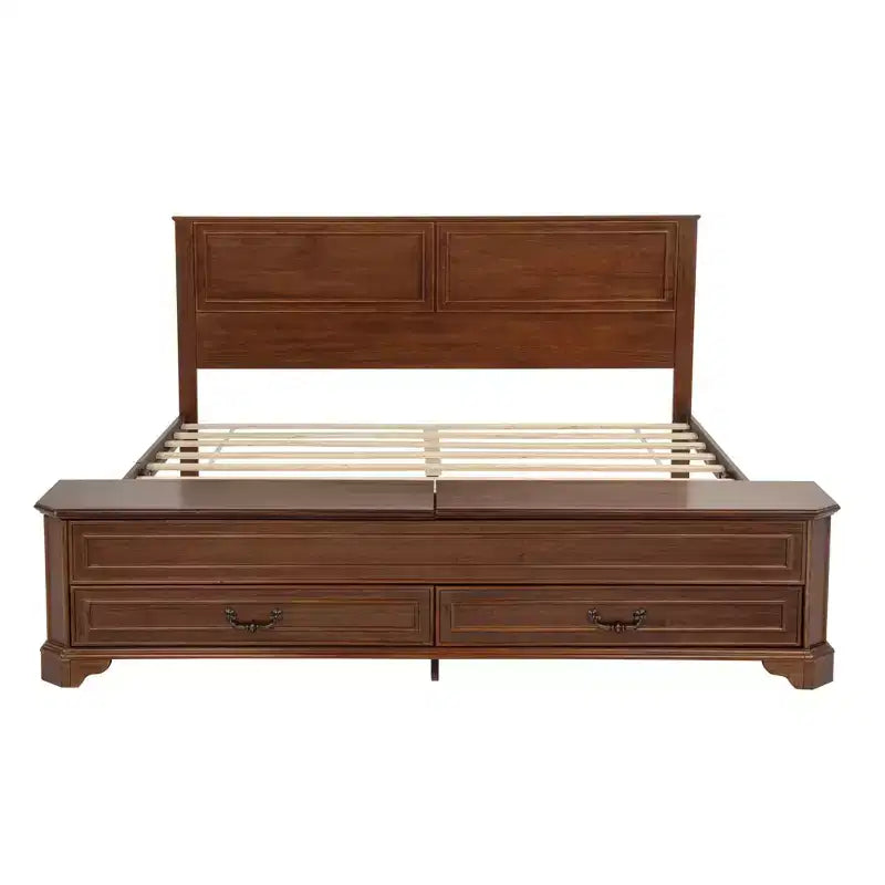 Lit Queen en pin de style campagnard Leonard avec banc de rangement et 2 grands tiroirs