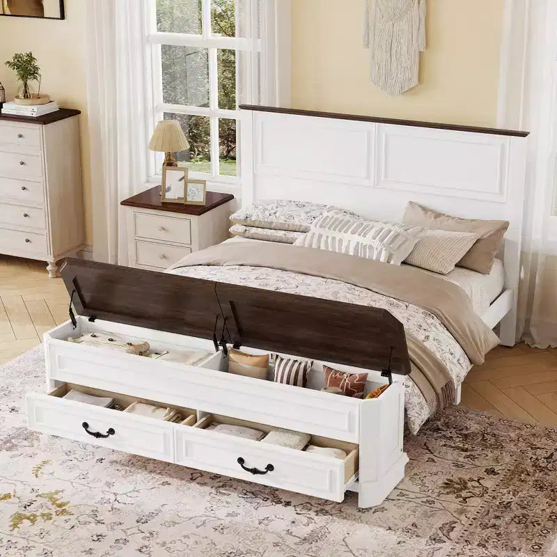Lit Queen en pin de style campagnard Leonard avec banc de rangement et 2 grands tiroirs