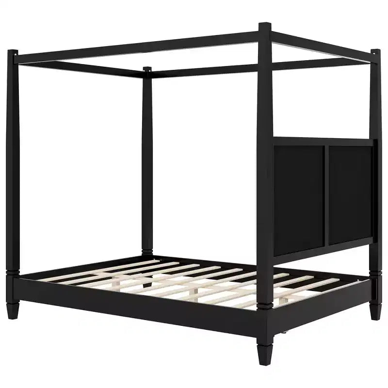 Lit à baldaquin Queen/King Size avec tête de lit rembourrée, cadre de lit à quatre poteaux en bois massif avec support de lattes en bois
