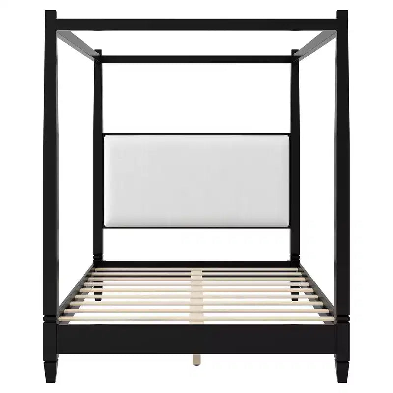 Lit à baldaquin Queen/King Size avec tête de lit rembourrée, cadre de lit à quatre poteaux en bois massif avec support de lattes en bois