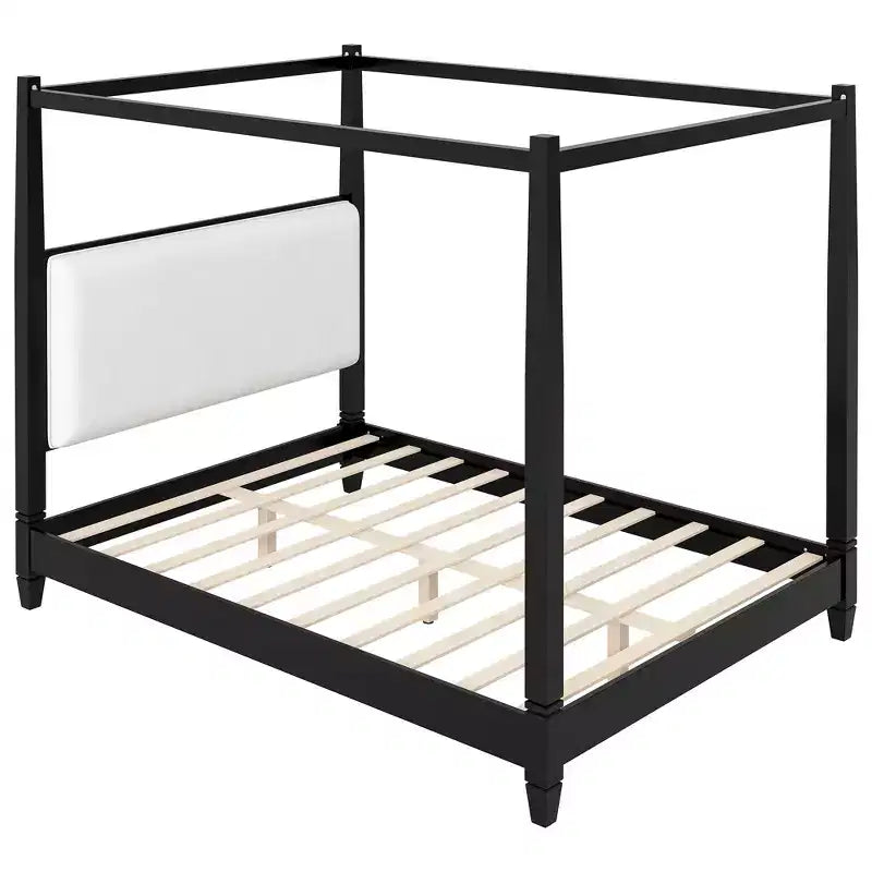 Lit à baldaquin Queen/King Size avec tête de lit rembourrée, cadre de lit à quatre poteaux en bois massif avec support de lattes en bois
