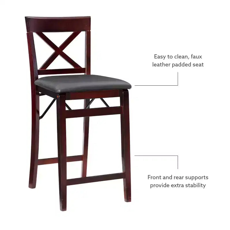 Tabouret de bar pliant en similicuir Triena X avec dossier en hauteur de comptoir, expresso : Siège rembourré, hauteur 61 cm