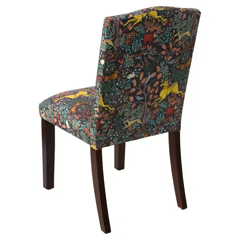 Chaise de salle à manger Ayala à motif de clous décoratifs, bleu marine Frolic : mélange lin-coton capitonné, dossier en forme de bosse de chameau, pieds en bois fuselés
