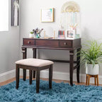 Angela Coiffeuse en bois traditionnel à miroir rabattable, 2 tiroirs et tabouret rembourré crème, Noyer