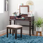 Angela Coiffeuse en bois traditionnel à miroir rabattable, 2 tiroirs et tabouret rembourré crème, Noyer