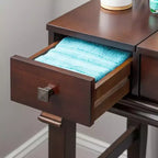 Angela Coiffeuse en bois traditionnel à miroir rabattable, 2 tiroirs et tabouret rembourré crème, Noyer