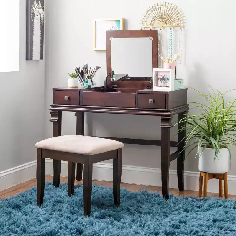 Angela Coiffeuse en bois traditionnel à miroir rabattable, 2 tiroirs et tabouret rembourré crème, Noyer