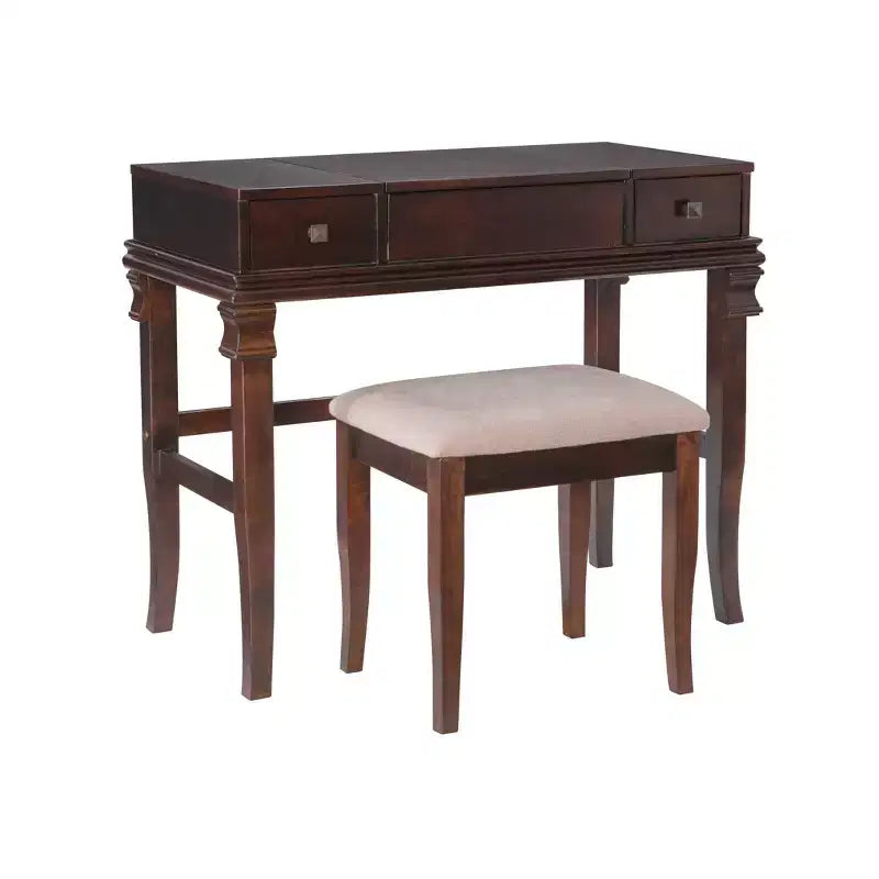 Angela Coiffeuse en bois traditionnel à miroir rabattable, 2 tiroirs et tabouret rembourré crème, Noyer