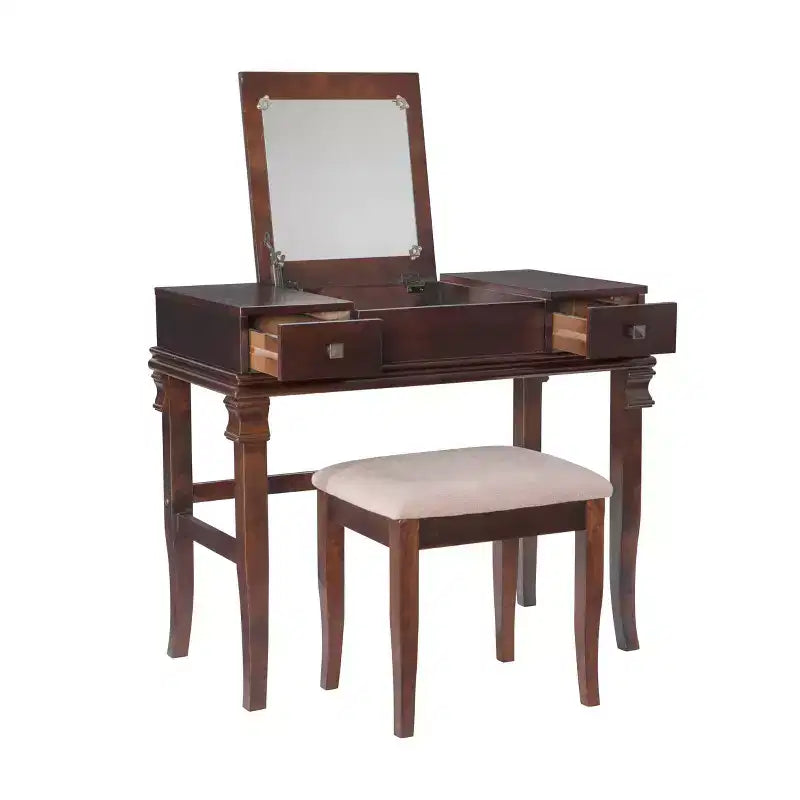 Angela Coiffeuse en bois traditionnel à miroir rabattable, 2 tiroirs et tabouret rembourré crème, Noyer
