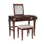 Angela Coiffeuse en bois traditionnel à miroir rabattable, 2 tiroirs et tabouret rembourré crème, Noyer