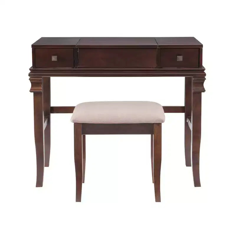Angela Coiffeuse en bois traditionnel à miroir rabattable, 2 tiroirs et tabouret rembourré crème, Noyer
