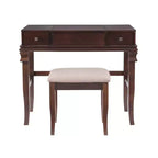 Angela Coiffeuse en bois traditionnel à miroir rabattable, 2 tiroirs et tabouret rembourré crème, Noyer