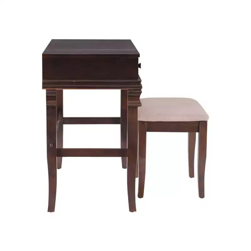 Angela Coiffeuse en bois traditionnel à miroir rabattable, 2 tiroirs et tabouret rembourré crème, Noyer