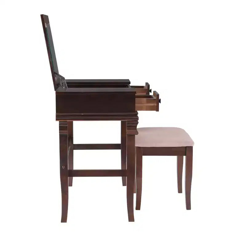 Angela Coiffeuse en bois traditionnel à miroir rabattable, 2 tiroirs et tabouret rembourré crème, Noyer
