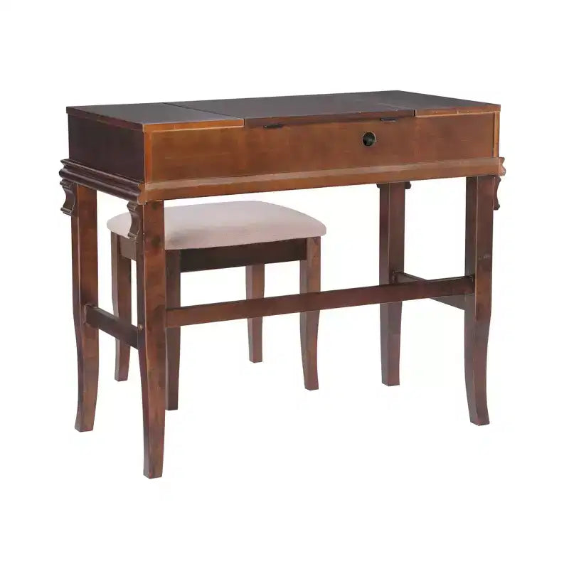 Angela Coiffeuse en bois traditionnel à miroir rabattable, 2 tiroirs et tabouret rembourré crème, Noyer